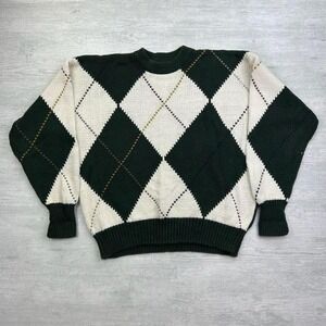Vintage Structure Sweater Adult XL Green White Geometric Chunky Knit Argyle